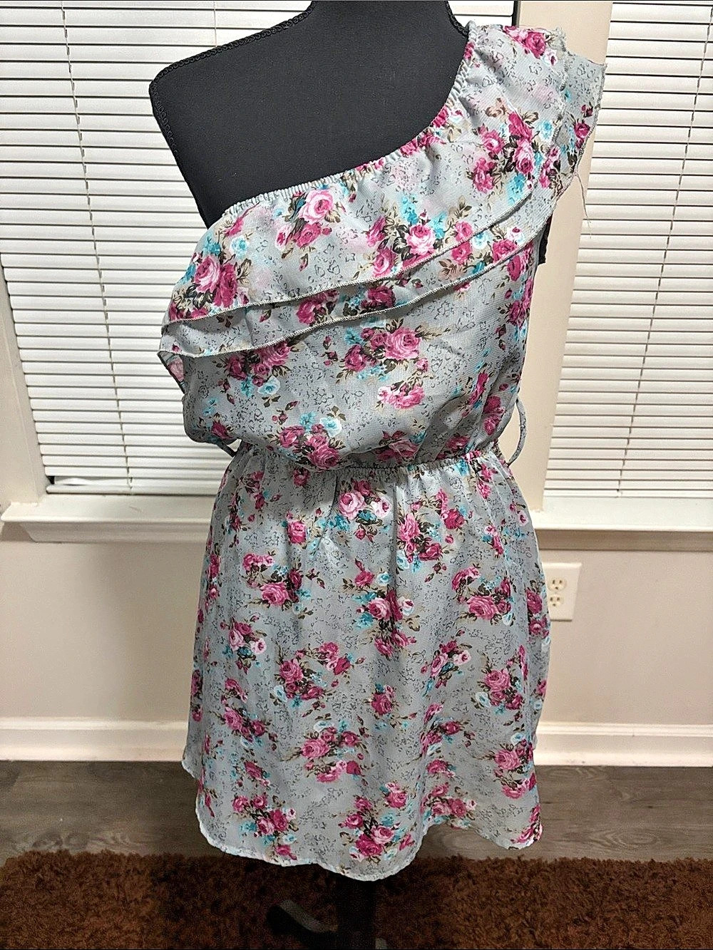 Floral Asymmetrical Mini Dress in Blue & Pink